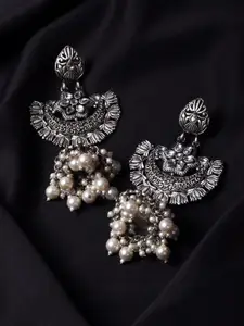 STEORRA JEWELS Silver-Plated Contemporary Oxidised Chandbali Earrings