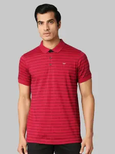 Park Avenue Men Red Striped Polo Collar Slim Fit Cotton T-shirt