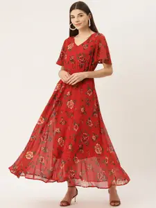 Deewa Red Floral Georgette Maxi Dress