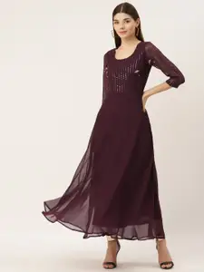 Deewa Burgundy Embellished Georgette Maxi Dress