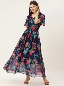 Deewa Navy Blue & Pink Floral Print Georgette Maxi Dress