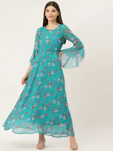 Deewa Turquoise Blue Floral Georgette Maxi Dress