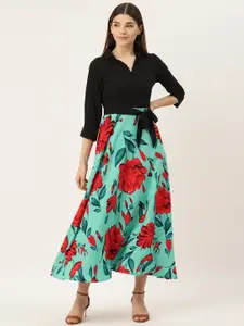 Deewa Green & Black Floral Crepe A-Line Midi Dress