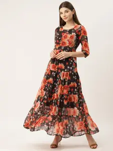 Deewa Black & Peach-Coloured Floral Print Georgette Maxi Dress
