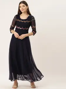 Deewa Navy Blue Embroidered Georgette Maxi Dress