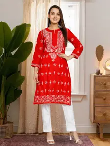 PARAMOUNT CHIKAN  Women Red & White Ethnic Motifs Embroidered Chikankari Cotton Kurta