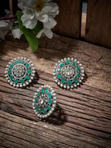 Atibelle Combo of Silver Plated Artificial Stoned Studded Circular Stud Earrings & Ring