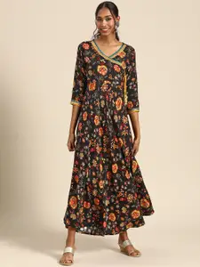 RANGMAYEE Black & Yellow Floral Liva Ethnic A-Line Maxi Dress