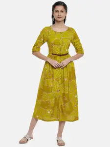 AKKRITI BY PANTALOONS Fluorescent Green Floral Printed Midi Fit & Flared Dress
