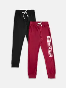 Pantaloons Junior Boys Pack Of 2 Black & Maroon Solid Pure Cotton Joggers