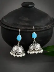 Silvermerc Designs Silver-Plated Oxidised Blue Beaded Jhumkas Earrings