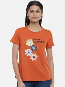 People Women Orange Typography Printed Pure Cotton T-shirt