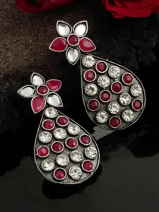 PANASH Women Pink & White Silver-Toned Studded Oxidized Contemporary Jhumka Earrings