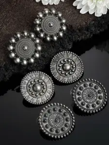 PANASH Silver-Toned Set of 3 Oxidized Circular Studded Earrings