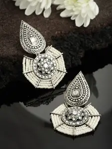 PANASH Silver-Toned & White Geometric Drop Earrings