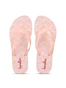 United Colors of Benetton Women Pink & White Printed Rubber Thong Flip-Flops