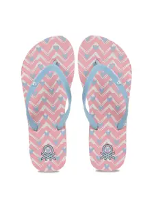 United Colors of Benetton Women Pink & Blue Printed Rubber Thong Flip-Flops