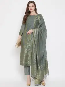 Safaa Olive Green & Gold-Toned Unstitched Dress Material
