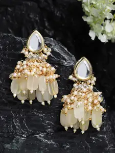 DUGRISTYLE Sterling Silver Yellow Kundan Studded & White Pearls Beaded Jhumkas Earrings