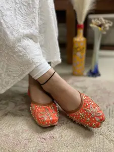DESI COLOUR Women Orange Embellished Leather Ethnic Mojaris Flats