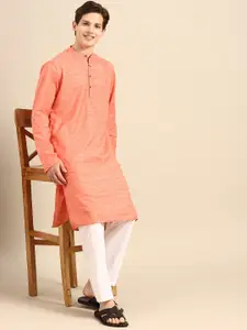 Anouk Men Peach-Coloured Jacquard Woven Design  Straight Kurta