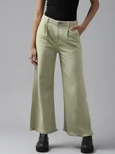 Roadster Women Sage Green Pure Cotton Wide Leg High-Rise Jeans