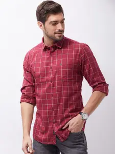Oxemberg Men Maroon & White Classic Slim Fit Windowpane Checks Checked Cotton Casual Shirt
