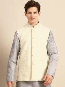 Anouk Men Off White Solid Quilted Cotton Silk Sustainable Nehru Jacket