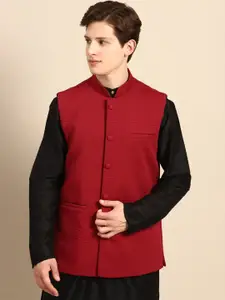 Anouk Men Rust Red Solid Quilted Cotton Silk Sustainable Nehru Jacket