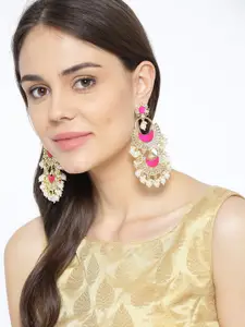 PANASH Gold-Toned & Pink Crescent Shaped Pearl Chandbali Earrings