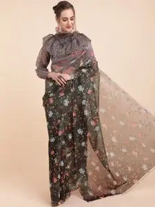 Sangria Black & Multi Color Floral Printed Organza Saree