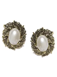 Shining Diva Fashion Antique Gold-Toned  Off-White Beaded Oversized Stud Earrings
