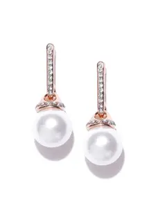 Shining Diva Fashion Rose Gold-Toned  Off-White Stone-Studded Drop Earrings