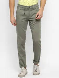 Turtle Men Olive Green Checked Ultra Slim Fit Cotton Trousers