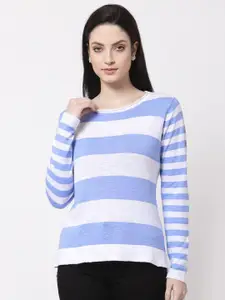 KLOTTHE Women Blue & White Striped Wool Pullover