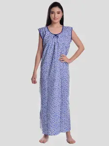 CIERGE Women Blue Printed Sleeveless Cotton Maxi Nightdress