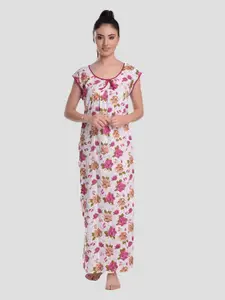 CIERGE Women Pink & White Floral Printed Sleeveless Maxi Pure Cotton Nightdress