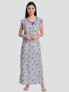 CIERGE Blue Floral Printed Pure Cotton Maxi Nightdress
