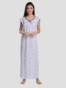 CIERGE Women Blue & White Printed Pure Cotton Maxi Nightdress