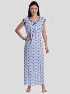 CIERGE Women Blue & White Floral Printed Pure Cotton Maxi Nightdress