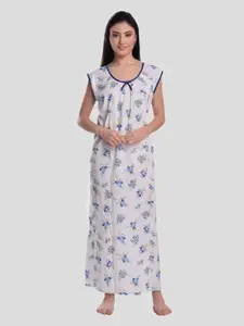 CIERGE Blue & White Printed Pure Cotton Maxi Nightdress