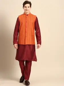 Anouk Men Maroon Solid Straight Sustainable Kurta Pyjamas & Woven Nehru Jacket