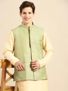 Anouk Men Cream-Coloured Solid Straight Sustainable Kurta Pyjamas & Woven Nehru Jacket