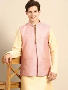 Anouk Men Cream-Coloured Solid Straight Sustainable Kurta Pyjamas & Woven Nehru Jacket