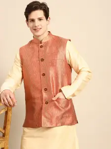 Anouk Men Cream-Coloured Solid Straight Sustainable Kurta Pyjamas & Woven Nehru Jacket