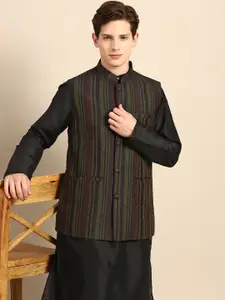 Anouk Men Black Solid Straight Sustainable Kurta Pyjamas & Woven Nehru Jacket