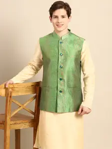 Anouk Men Cream-Coloured Solid Straight Sustainable Kurta Pyjamas & Woven Nehru Jacket