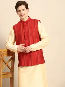 Anouk Men Cream-Coloured Solid Straight Sustainable Kurta Pyjamas & Woven Nehru Jacket