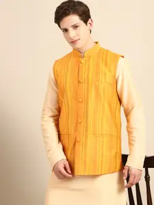 Anouk Men Cream-Coloured Solid Straight Sustainable Kurta Pyjamas & Woven Nehru Jacket