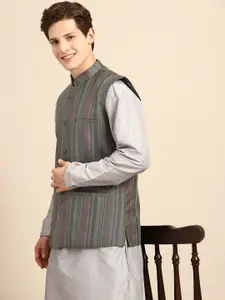Anouk Men Grey  Solid Straight Sustainable Kurta Pyjamas & Woven Nehru Jacket